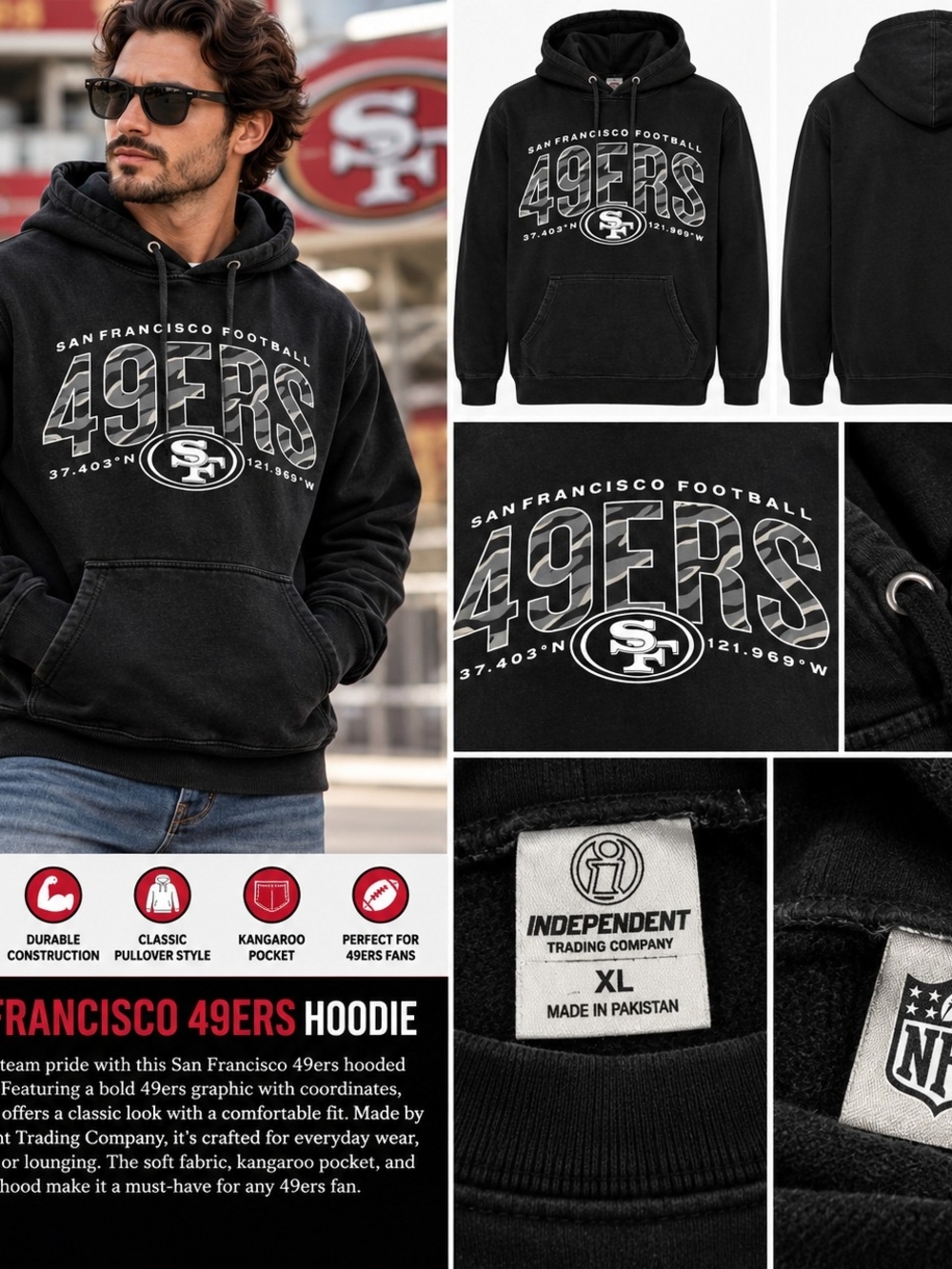 San Francisco 49ers Hoodie Mens Black Camo Logo NFL Football Pullover Sweatshirt